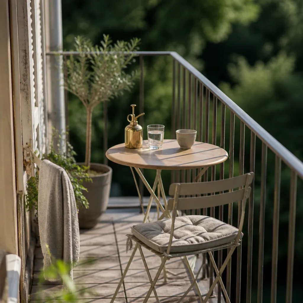 Balcon étroit avec deux chaises en métal, une petite table ronde et une plante en pot