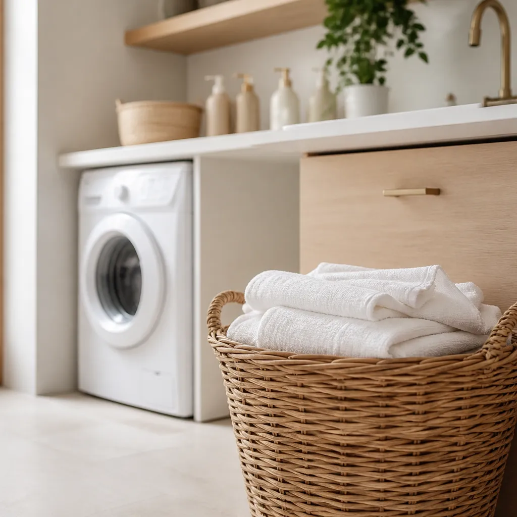Buanderie claire avec un lave-linge fermé et un panier en osier de linge blanc plié