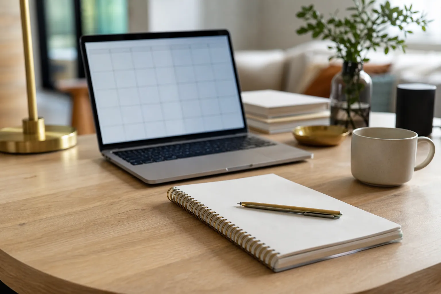 Bureau en bois clair avec un ordinateur portable ouvert sur une grille de calendrier vierge