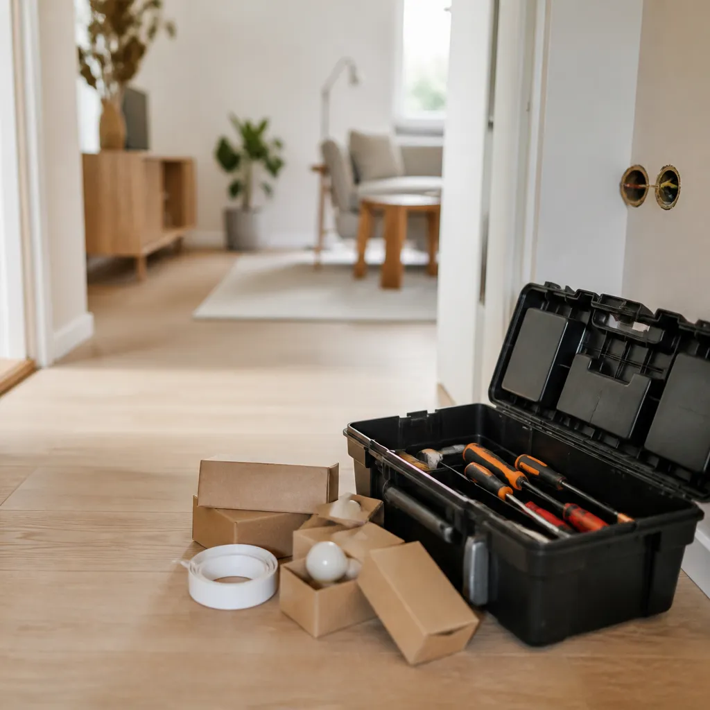 Caisse à outils ouverte au sol avec des tournevis, des ampoules et un rouleau de joint
