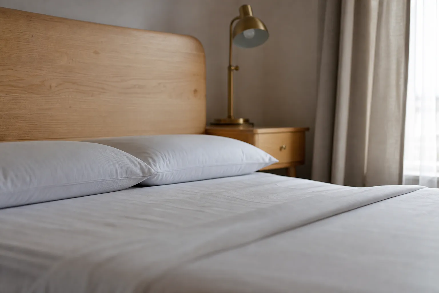 Lit double refait, drap blanc tendu et deux oreillers alignés dans une chambre claire