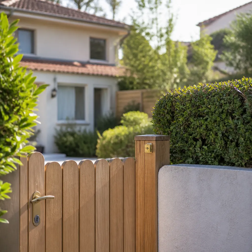 Maison de ville en enduit clair avec un petit jardin clos, une haie taillée et un portail bois