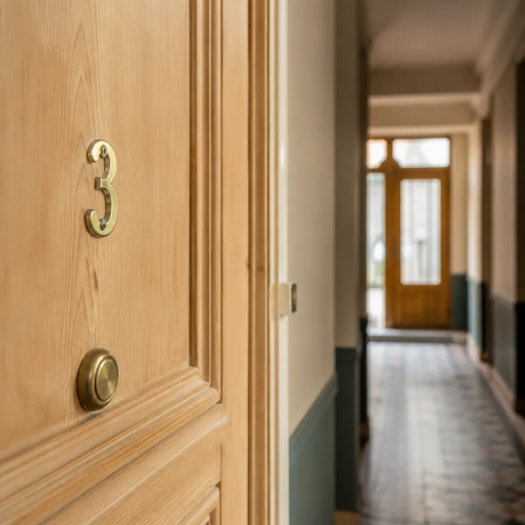 Palier d’immeuble ancien avec une porte en bois clair et un petit numéro en laiton