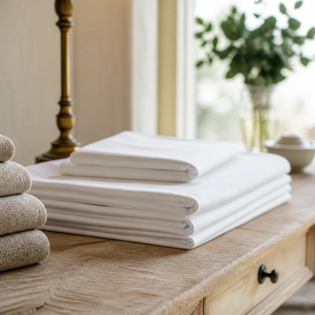 Pile de draps blancs et de serviettes pliés posée sur une table en bois clair