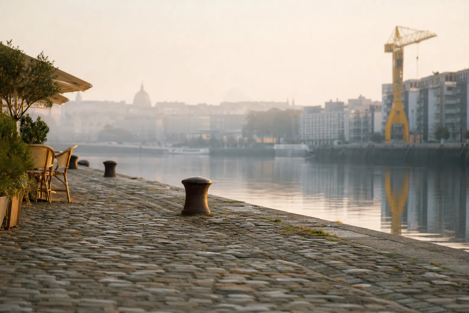 Quai pavé au bord de la Loire au petit matin, grue jaune et immeubles clairs en arrière-plan
