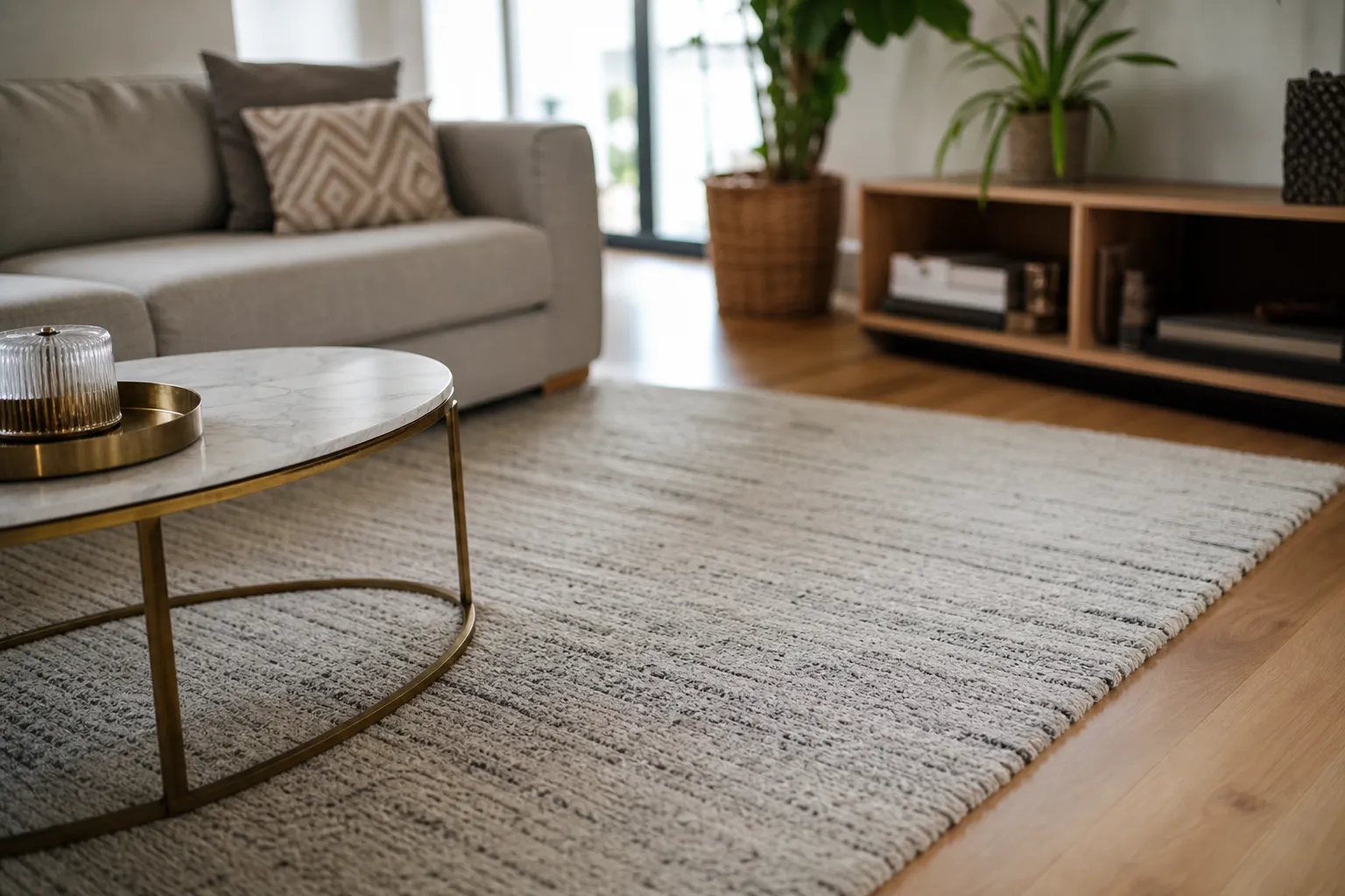 Salon vu en oblique, canapé gris clair, tapis à poils courts et étagère basse en bois