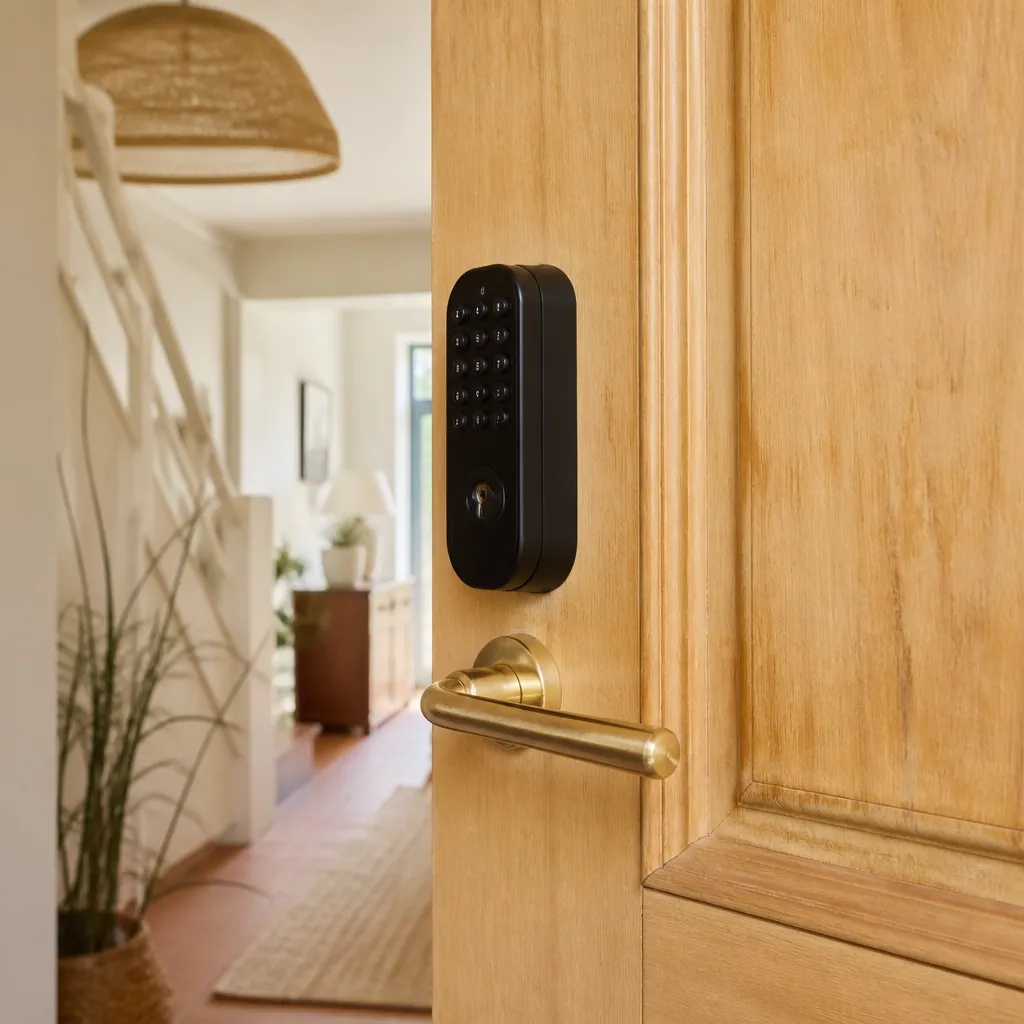 Serrure électronique à clavier installée sur une porte d’appartement en bois clair