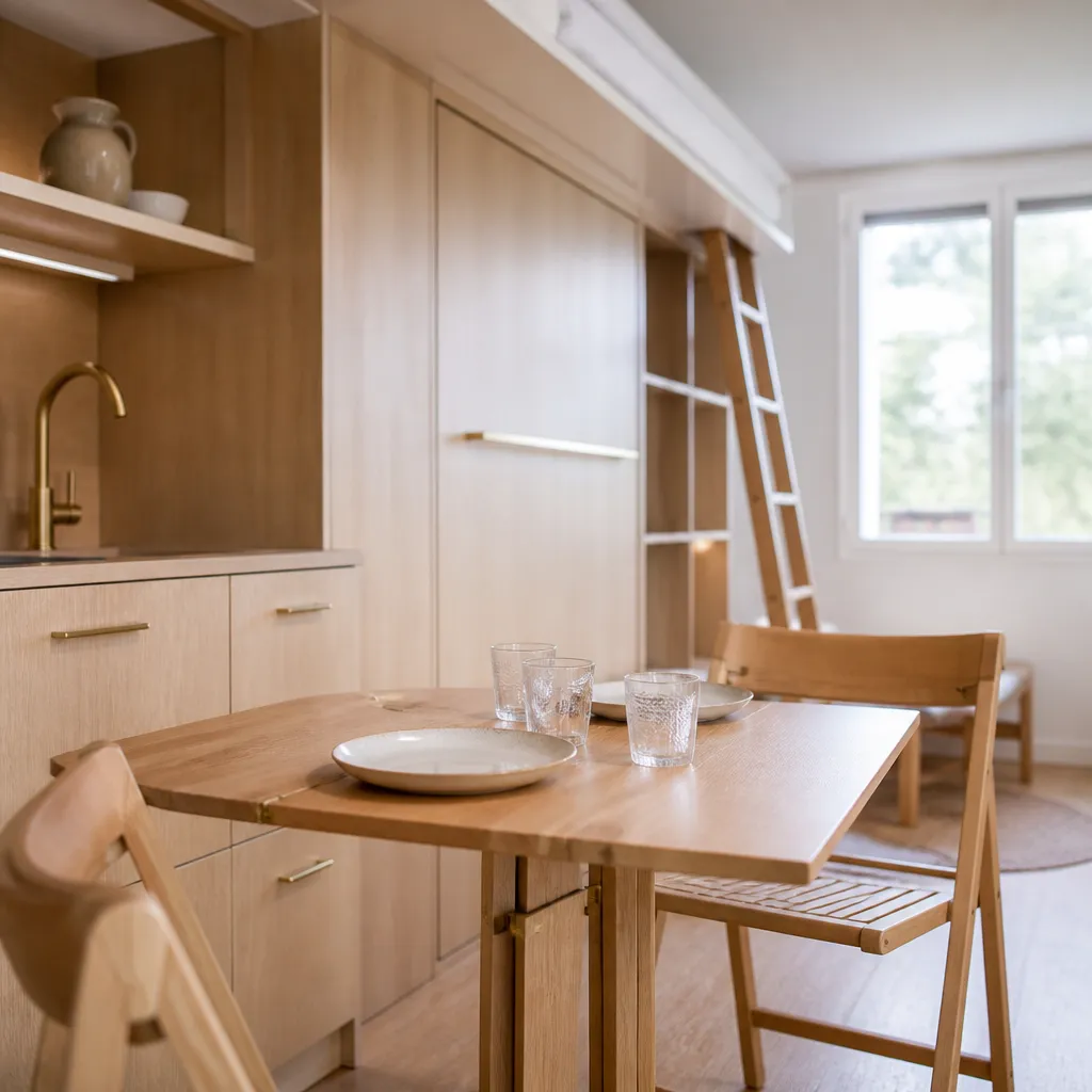Studio meublé compact avec coin cuisine intégré, table pliante et deux chaises