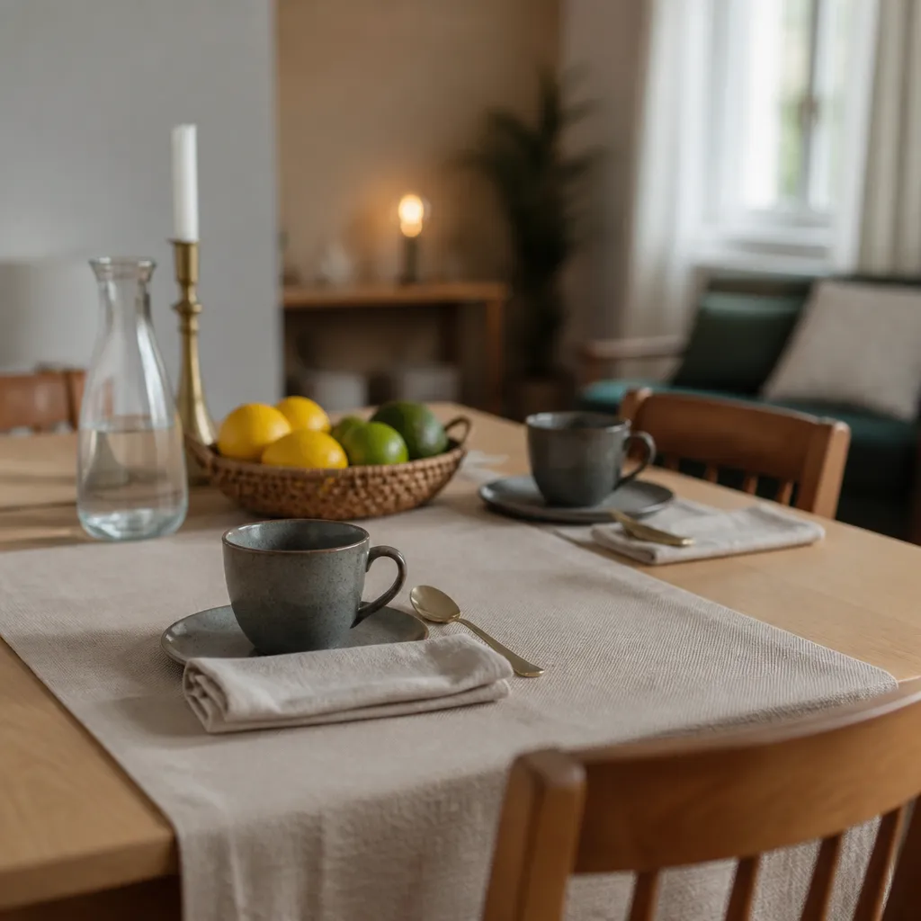 Table en bois dressée pour deux avec des tasses vides, un panier de fruits et une carafe