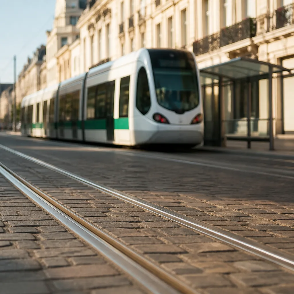 Rame de tramway blanche et verte à l’arrêt dans une rue pavée bordée de façades claires