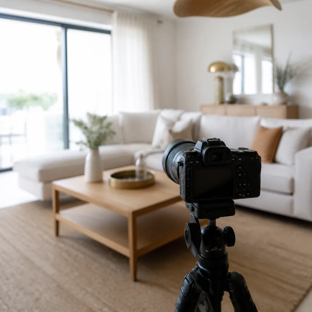 Appareil photo sur trépied orienté vers un salon meublé clair, à contre-jour de fenêtre